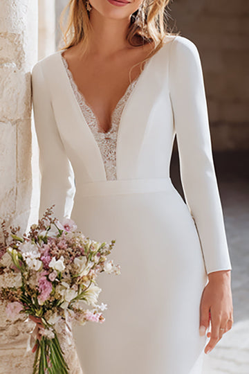 Robe de mariée maxi à col en V sirène ivoire avec manches